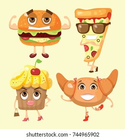 Cartoon funny food  bakery characters vector illustration- cupcake, pizza, croissant
and hamburger with emotions 