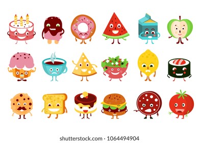 Cartoon funny food characters set, cake, watermelon, ice cream, donut, apple, cupcake, pizza, sushi roll, toast, tomato vector Illustrations on a white background