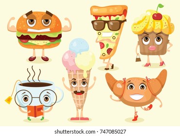 Cartoon funny food characters vector illustration- cupcake, pizza, croissant, ice-cream, cup of tea and hamburger with emotions