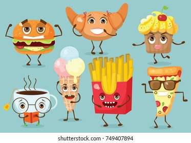 Cartoon funny food characters vector illustration- cupcake, pizza, croissant, ice-cream, cup of tea, fries  and hamburger with emotions