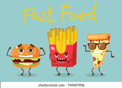 Cartoon funny food characters vector illustration-  pizza, fries  and hamburger with emotions