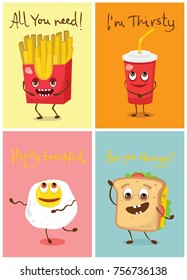 Cartoon funny food characters vector illustrations-  scrambled eggs, toast with cheese,  glass with drink and french fries with emotions