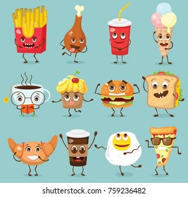 Cartoon funny food characters vector illustrations- cupcake, croissant, cup of tea and coffee, scrambled eggs, hamburger and french fries with emotions