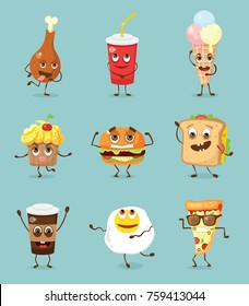 Cartoon funny food characters vector illustrations- cupcake, ice-cream, cup of tea and coffee, scrambled eggs, hamburger and french fries with emotions