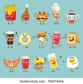 Cartoon funny food characters vector illustrations- cupcake, donut, croissant, cup of tea and coffee, scrambled eggs, hamburger, glass of juice and french fries with emotions