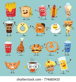 Cartoon funny food characters vector illustrations- waffles, cupcake, croissant, cup of tea and coffee, scrambled eggs, hamburger, hot dog and french fries and other with emotions