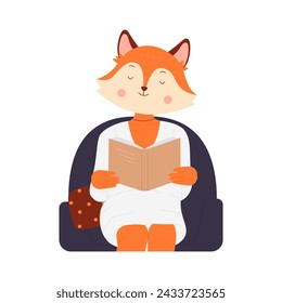Cartoon funny fox booklover reading story book literature from library or bookstore, fun storytime isolated on white