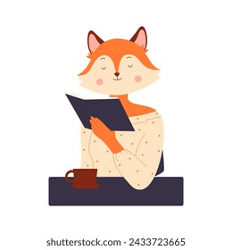 Cartoon funny fox booklover reading story book literature from library or bookstore, fun storytime isolated on white