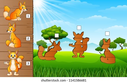 Cartoon funny fox collection. Find the correct shadow on board. Educational game for children