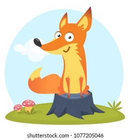 Cartoon funny fox. Vector illustration isolated on meadow background with the sky and clouds