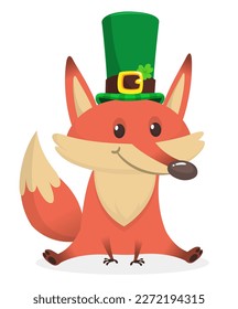 Cartoon funny fox wearing st patrick's hat with a clover. Vector illustration for Saint Patrick's Day. Party poster design.