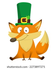 Cartoon funny fox wearing st patrick's hat with a clover