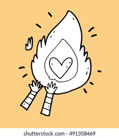 Cartoon funny freehand bright warm flame with human arms and the burning heart in the middle as the symbol of great true love