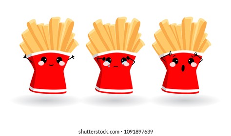 Cartoon funny french fries. Hand drawn set of emoji. Vector emoticon illustration food