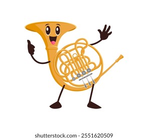 Cartoon funny french horn, musical wind instrument character. Isolated vector brass pipe, personage for music school, educational classes for kids or concert performance. Funny trumpet with happy face