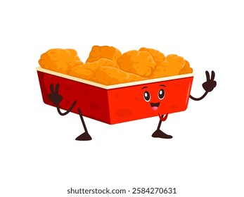 Cartoon funny fried nuggets box fast food character. Vector grilled chicken pieces in yellow carton package. Happy fastfood, tasty junk meal personage flashing peace sign with positive expression