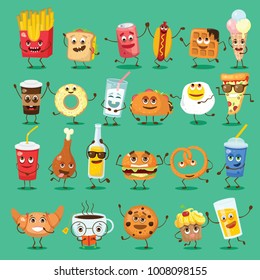 Cartoon funny friends fast food -coffee and donut, fresh pretzel, lemonade and waffle and other