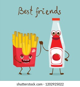 Cartoon funny friends fast food - bottle of ketchup and french fries