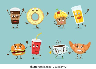 Cartoon funny friends fast food - croissant, cupcake, glass of juice, hamburger, donut and a cup of tea and coffee with emotions.
