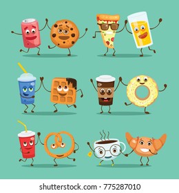 Cartoon funny friends fast food - coockie and can of soda, pizza and juice, fresh and waffle, donut and coffee, pretzel and lemonad, croissant and cup of tea