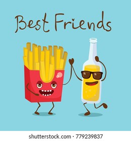 Cartoon funny friends fast food - can of soda and cookie, fresh and pretzel,  lemonade and waffle