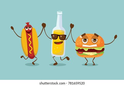 Cartoon funny friends fast food - bottle with lemonade, hot dog and hamburger