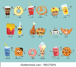 Cartoon funny friends fast food - coockie and can of soda, pizza and juice, fresh and waffle, donut and coffee, pretzel and lemonad, croissant and cup of tea