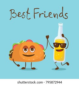 Cartoon funny friends fast food - bottle with lemonade or soda and taco