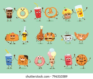 Cartoon funny friends fast food -coffee and donut, fresh and pretzel, lemonade and waffle and other