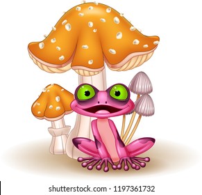 Cartoon funny frog and mushrooms