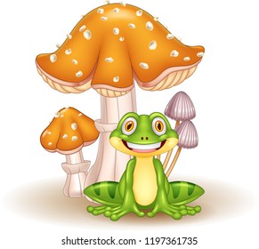 Cartoon funny frog and mushrooms