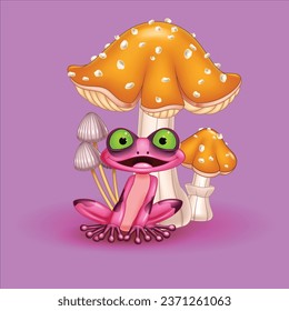 Cartoon funny frog with mushrooms character design illustration