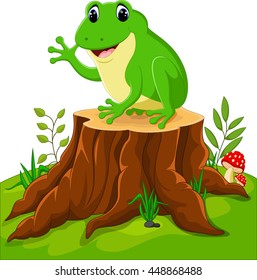 Cartoon funny frog sitting on tree stump