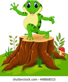 Cartoon funny frog sitting on tree stump