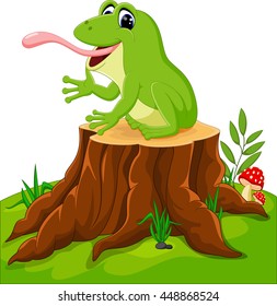 Cartoon funny frog sitting on tree stump
