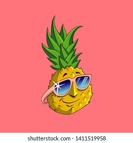 Cartoon funny fruit character and pineapple face isolated on pink background vector illustration
