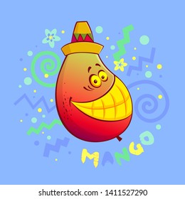 Cartoon funny fruit characters and mango face isolated on blue background vector illustration