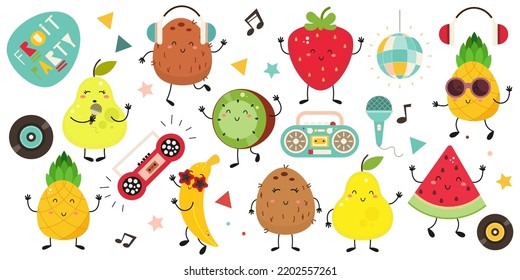 Cartoon funny fruit party. Disco Fruits characters collection. Vector illustration