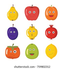Cartoon funny fruits characters. Fruits, apple, lemon and pomegranate vector illustration
