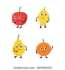 Cartoon funny fruits characters and fruits face isolated on white background vector illustration. Funny fruit face and cartoon fruit characters icon vector set. Cartoon characters. Cartoon face food.