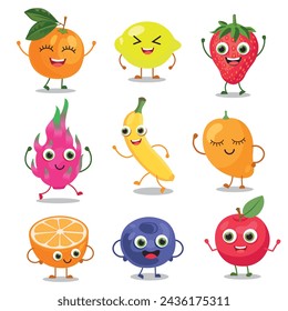 Cartoon funny fruits characters and fruits face