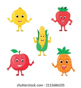 Cartoon funny fruits characters. Happy lemon, pineapple, apple, strawberry, and corn with the face. Summer fruit and berry vector characters