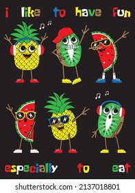 Cartoon Funny fruits dance, make DAB move and listen to music. Vector illustration.