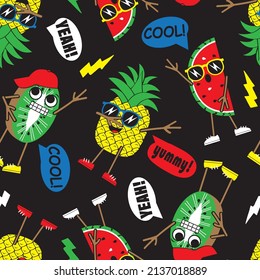 Cartoon Funny fruits dance, make DAB move and listen to music. Seamless pattern.Vector illustration.