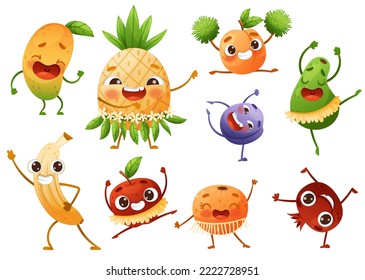 Cartoon Funny Fruits Dancing and Cheering Enjoying Summer Season Vector Set
