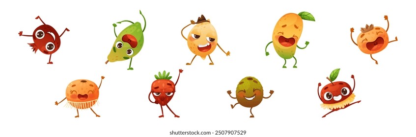 Cartoon Funny Fruits Dancing and Cheering Enjoying Summer Season Vector Set