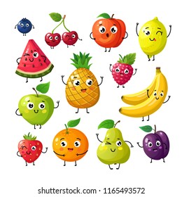 Cartoon funny fruits. Happy kiwi banana raspberry orange cherry with face. Summer fruit and berry vector characters isolated on white. Fruit kiwi and banana, orange and strawberry illustration