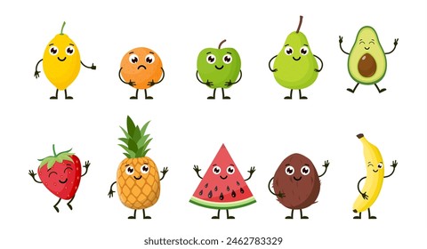 Cartoon funny fruits. Happy lemon, orange,apple, pear,avocado,strawberry,pineapple,watermelon,Coconut,banana with face. Summer fruit characters isolated on white. Vector illustration in flat style