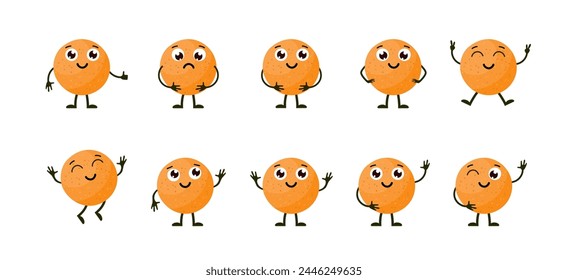 Caricatura de frutas divertidas. Naranja feliz con la cara. Caracteres de naranja de fruta de verano aislados en blanco. Ilustración vectorial en estilo plano