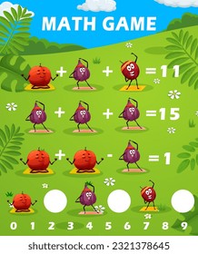 Cartoon funny fruits on yoga, math game worksheet. Vector mathematics riddle for children with funny plums and figs exercising and doing yoga on green filed. Addition and subtraction, learn arithmetic